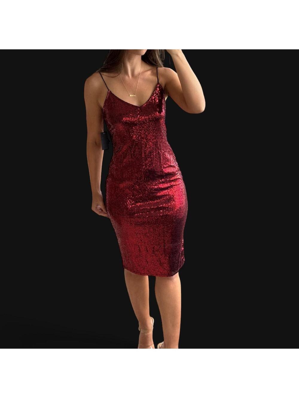 NWT Mind Code Red Sequin Midi Dress L Y2K Holiday Party Cocktail